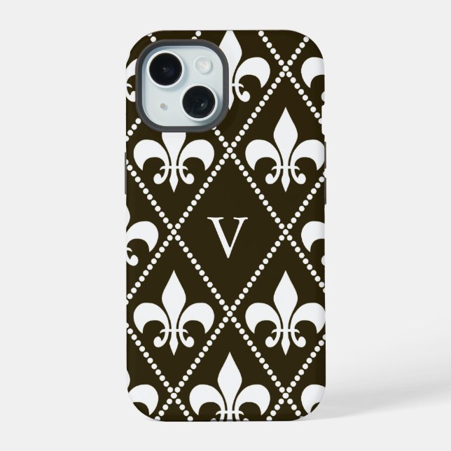 Chocolate Fleur de Lis w/ monogram iPhone 15 Case (Back)