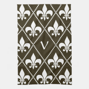 Chocolate Fleur de Lis with monogram initial Kitchen Towel