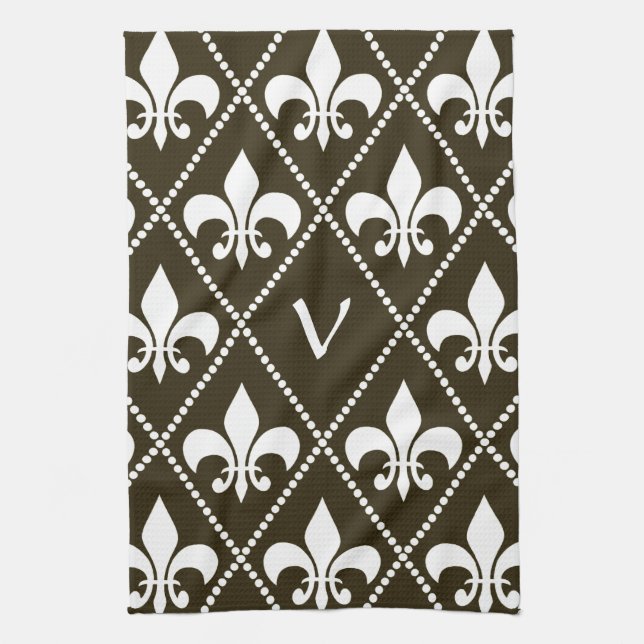 Chocolate Fleur de Lis with monogram initial Kitchen Towel (Vertical)