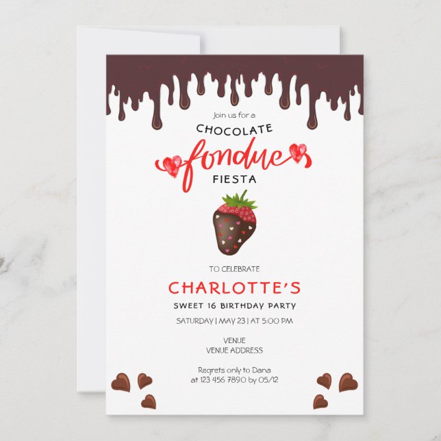 Chocolate Fondue Fiesta Strawberry Hearts Birthday Invitation (Front)