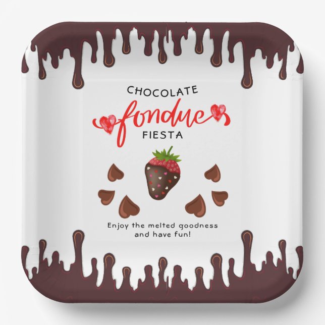 Chocolate Fondue Fiesta Strawberry Hearts Birthday Paper Plate (Front)