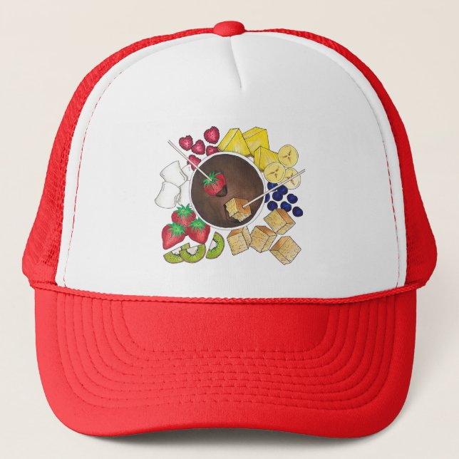 Chocolate Fondue Pot Retro Dessert Food Fruit Cake Trucker Hat (Front)