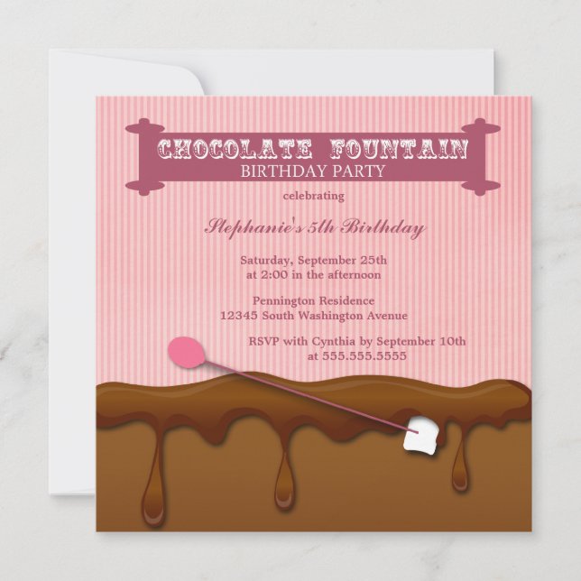 Chocolate fountain girls birthday party invite (Front)