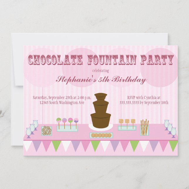 Chocolate fountain girls birthday party invite (Front)