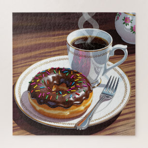 Chocolate Frosted Donut and Coffee  Jigsaw Puzzle