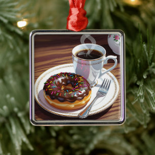 Chocolate Frosted Doughnut and Coffee Christmas Metal Ornament