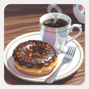 Chocolate Frosted Doughnut and Coffee  Square Sticker