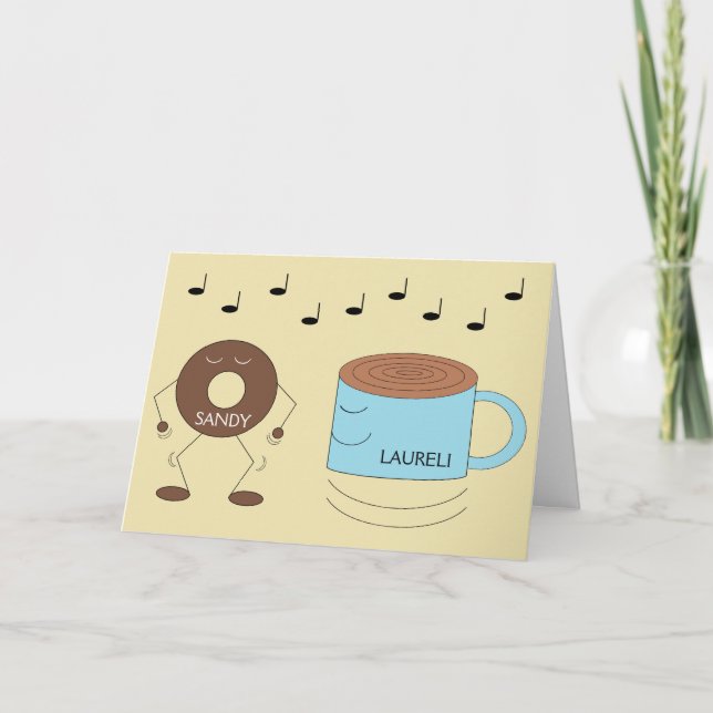 Chocolate Frosted Doughnut & Coffe Mug Dancing: Card (Front)