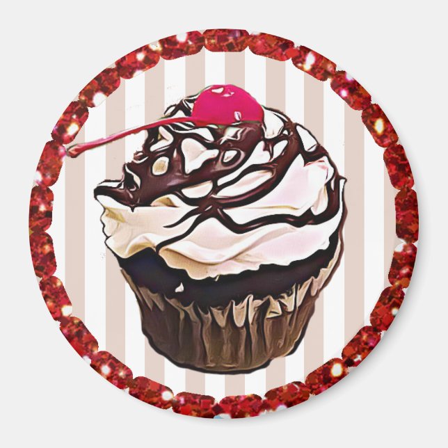 Chocolate Frosting with Cherry Cupcake Top Magnet (Front)
