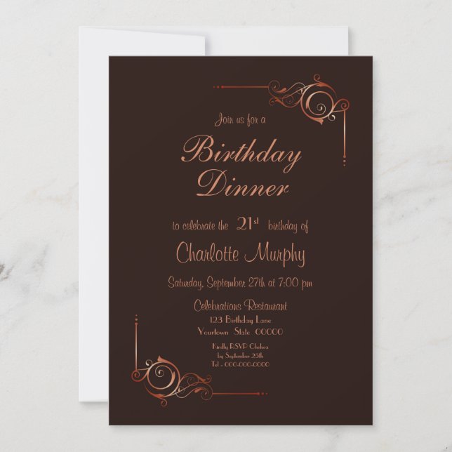 Chocolate Gold Floral Leaf 21st Birthday Dinner Invitation (Front)