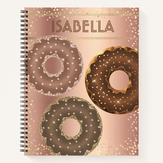 Chocolate gold glitter doughnuts copper ombre name notebook (Front)