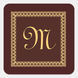 CHOCOLATE & GOLD Ornate Monogram Square Sticker