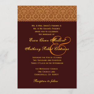 Chocolate Gold Vintage  Damask Wedding Monogram Invitation