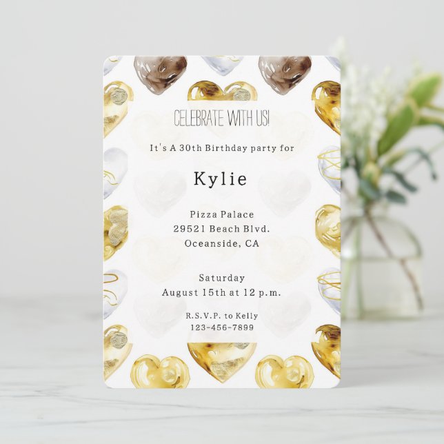 Chocolate Gold White Hearts Birthday   Invitation (Standing Front)