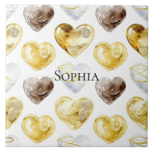 Chocolate Gold White Hearts   Tile