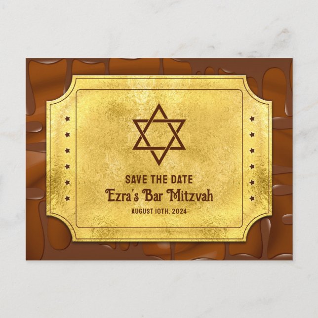 Chocolate Golden Ticket Bar Mitzvah Save the Date Postcard (Front)