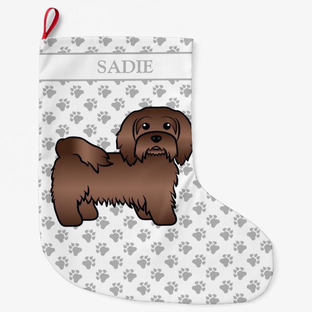 Chocolate Havanese Cute Cartoon Dog & Name Large Christmas Stocking (Front)