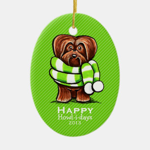 Chocolate Havanese Scarf Christmas Stripe Custom Ceramic Ornament