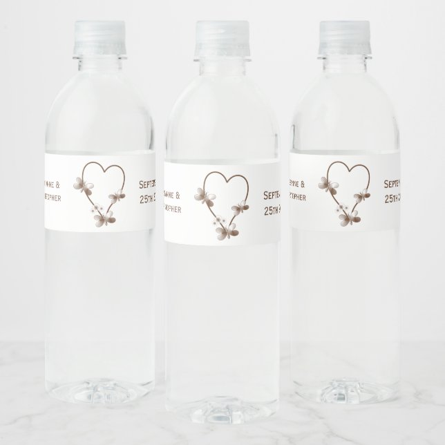 Chocolate Heart And Butterflies Design Wedding Water Bottle Label (Bottles)