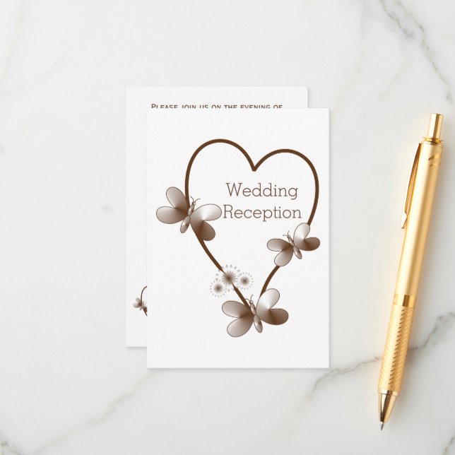 Chocolate Heart And Butterflies Wedding Reception Enclosure Card (Front/Back In Situ)