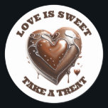 Chocolate heart thank you brown white love sweet classic round sticker<br><div class="desc">A vibrant and realistic looking 3D AI graphic of a milk chocolate heart within a heart decorated with milk and white chocolate drippings is set against a stark white background that makes it pop. There are curved brown text templates situated above and below it which may be personalized to suit...</div>