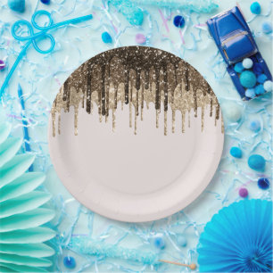 Chocolate Ice Cream Glitter Drips Birthday Paper Plate