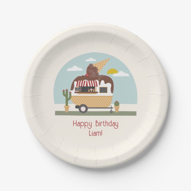Chocolate Ice Cream Truck Kids Birthday Paper Plate (Front)