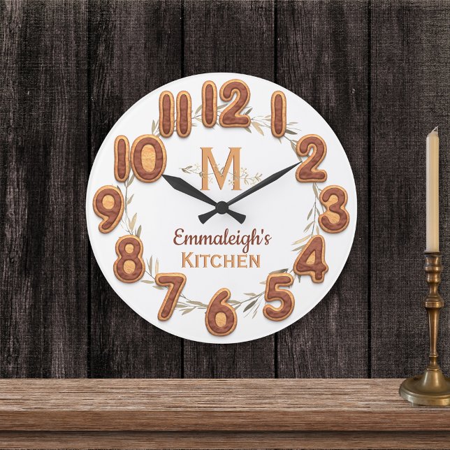 Chocolate Iced Cookie Number Botanical Monogram Large Clock (Creator Uploaded)