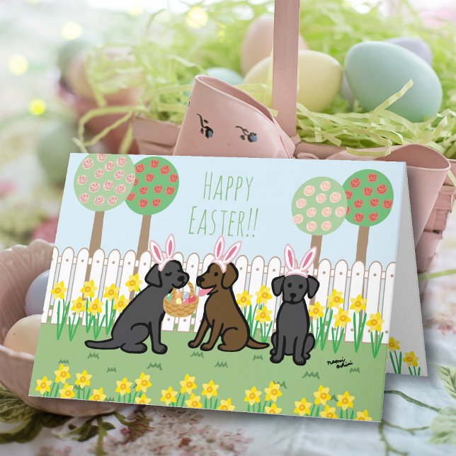 Chocolate Lab and Black Labs Easter Bunnies Garden Holiday Card (Chocolate Lab and Black Lab Easter Bunnies Greeting Cards.  Cute Labrador Cartoon Design.)