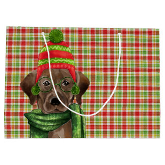 Chocolate Lab and Red with Green Plaid Christmas Large Gift Bag