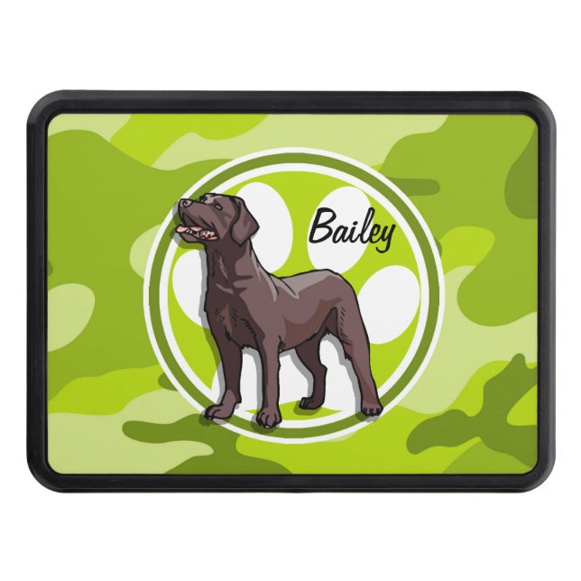 Chocolate Lab; bright green camo, camouflage Trailer Hitch Cover (Front)