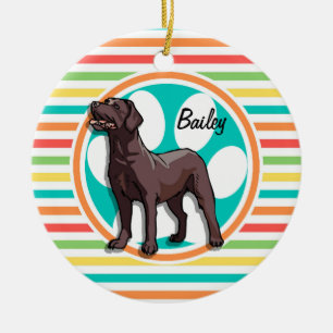 Chocolate Lab; Bright Rainbow Stripes Ceramic Ornament