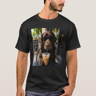 Chocolate Lab Coffee Funny Dog Cafe Lover Art T-Shirt
