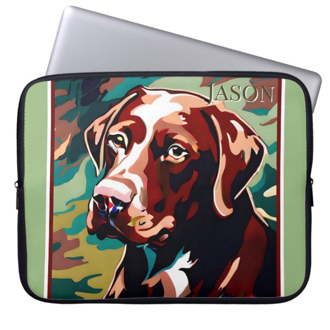 Chocolate Lab Dog on Camo Background Laptop Sleeve (Front)