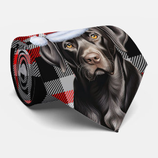 Chocolate Lab Dog on Red Plaid Christmas Holiday Tie