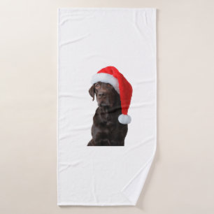 Chocolate Lab Dog Portrait Santa Hat Cute Christma Bath Towel