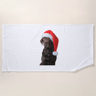Chocolate Lab Dog Portrait Santa Hat Cute Christma Beach Towel