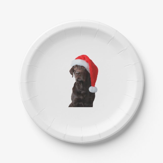 Chocolate Lab Dog Portrait Santa Hat Cute Christma Paper Plate (Front)