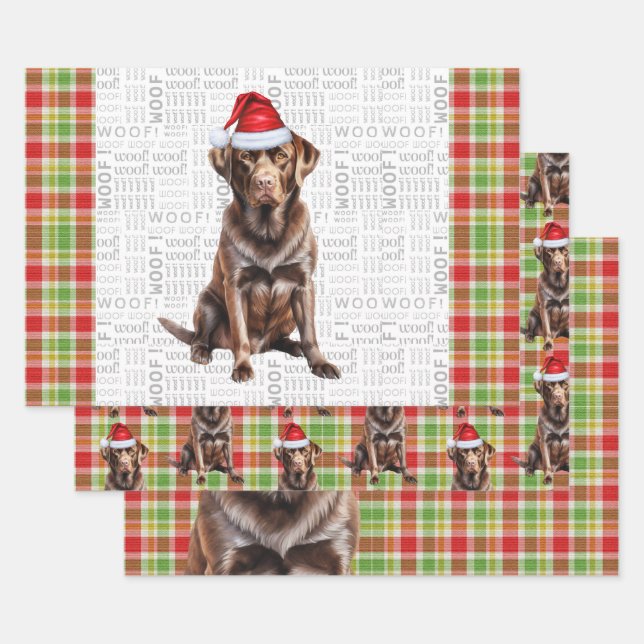 Chocolate Lab Dog Red and Green Plaid Christmas Wrapping Paper Sheet (Set)