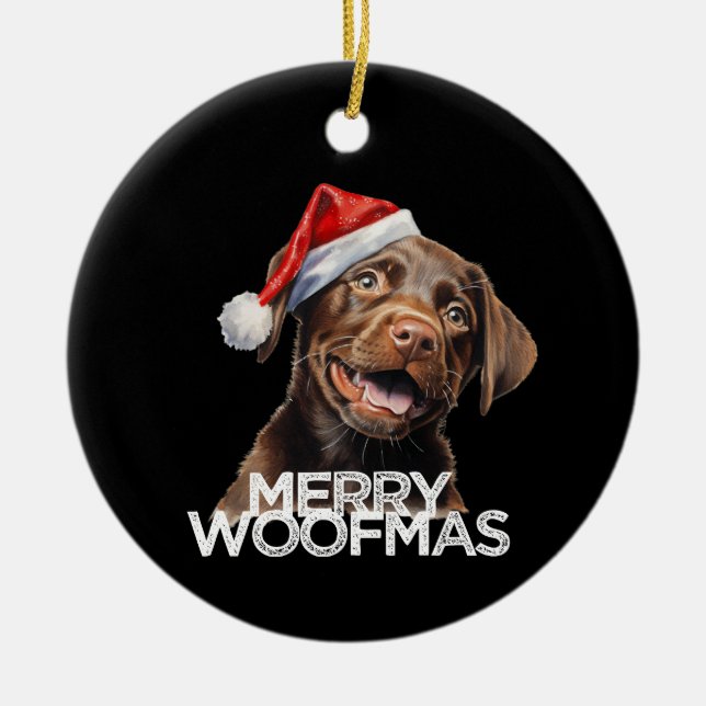 Chocolate lab dog santa hat MERRY WOOFMAS funny Ceramic Ornament (Front)