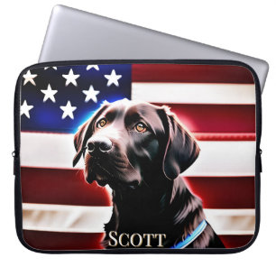 Chocolate Lab Dog with American Flag Rustic Laptop Sleeve