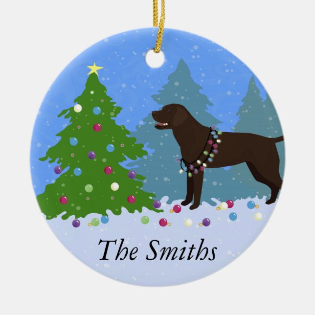 Chocolate Lab in Forest Decorating Christmas Tree Ceramic Ornament (Front)