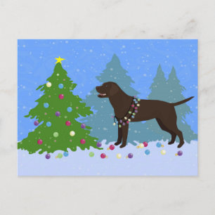 Chocolate Lab in Forest Decorating Christmas Tree Holiday Postcard