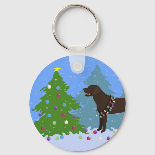 Chocolate Lab in Forest Decorating Christmas Tree Keychain (Front)