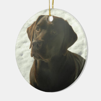 Chocolate Lab in The Snow Ceramic Ornament