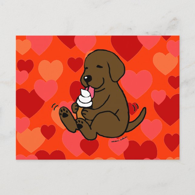 Chocolate Lab Licking Ice Cream with Hearts Postcard (Front)