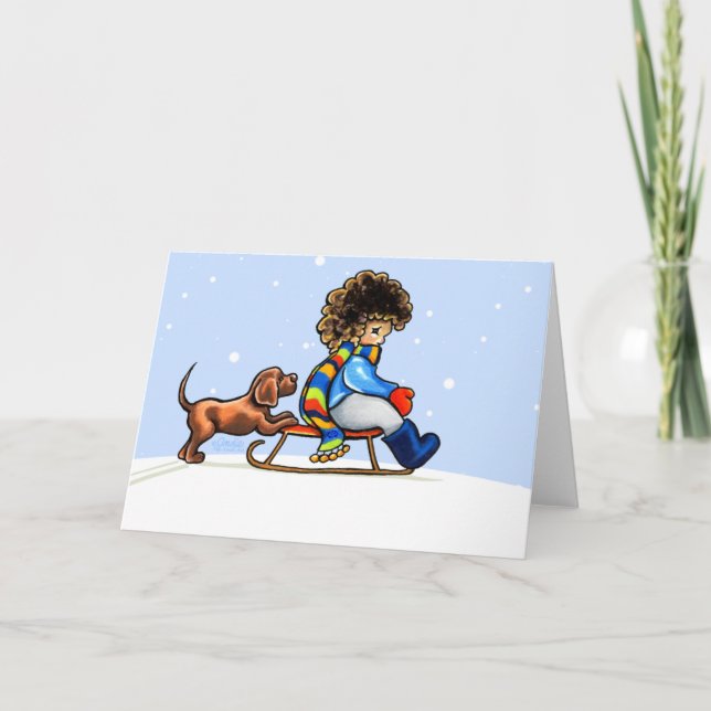 Chocolate Lab Little Helper Winter Holiday Card (Front)