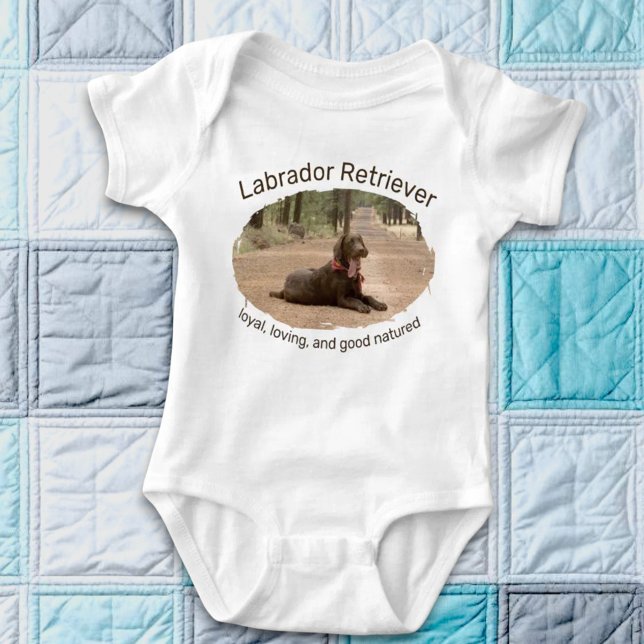 Chocolate Lab On A Forest Trail Replaceable Photo Baby Bodysuit (baby body suit with replaceable photo)