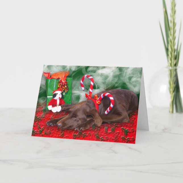 Chocolate Lab Peppermint Stripe Custom Text Inside Holiday Card (Front)