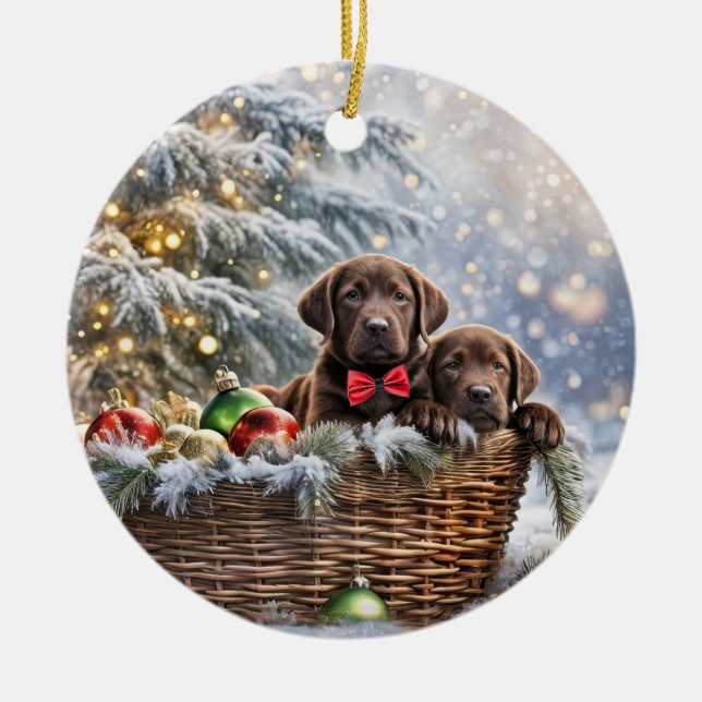 Chocolate Lab Puppy Dog Christmas Holiday Ceramic Ornament (Front)